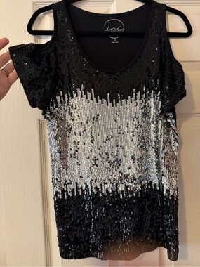INC International Concepts Black and Silver Sequin Cold-Shoulder Tank